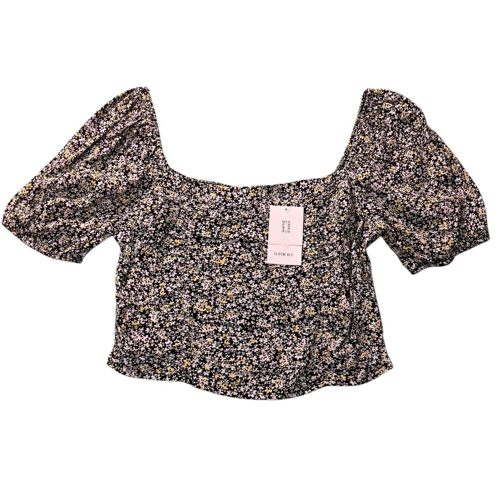 Sophie Rue Anthropology Ditsy Black Floral Pleated Front Cropped Top Large NEW